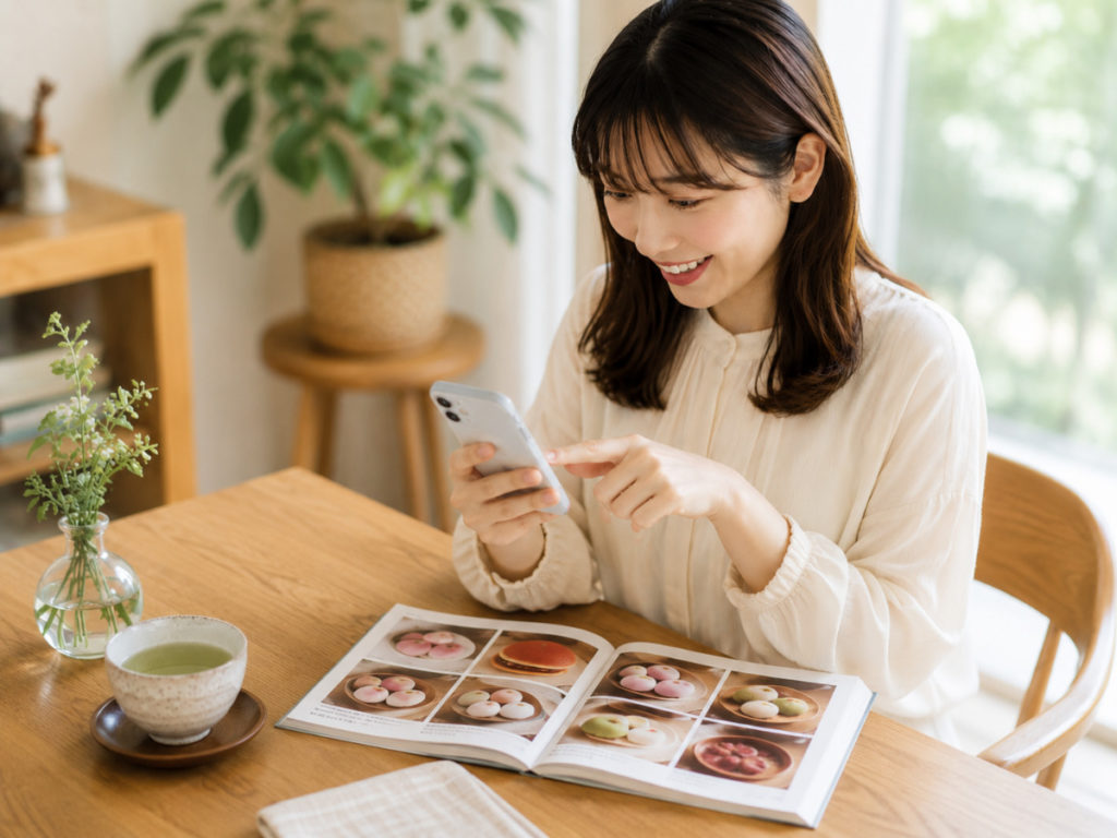 自宅のテーブルで和菓子とお茶を楽しむ様子