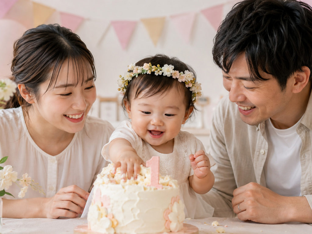 スマッシュケーキを囲んで1歳の誕生日を祝う家族