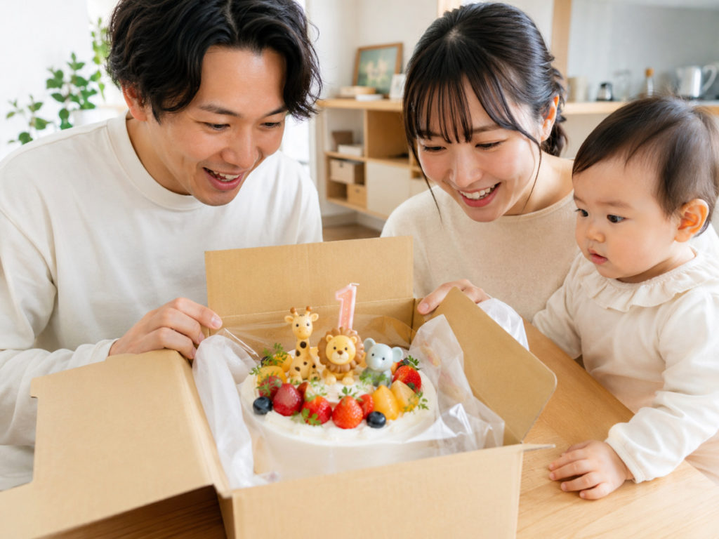 お取り寄せしたファーストバースデーケーキを囲む家族