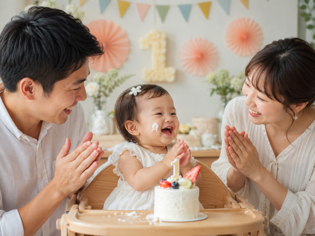 ファーストバースデーを家族で祝う様子