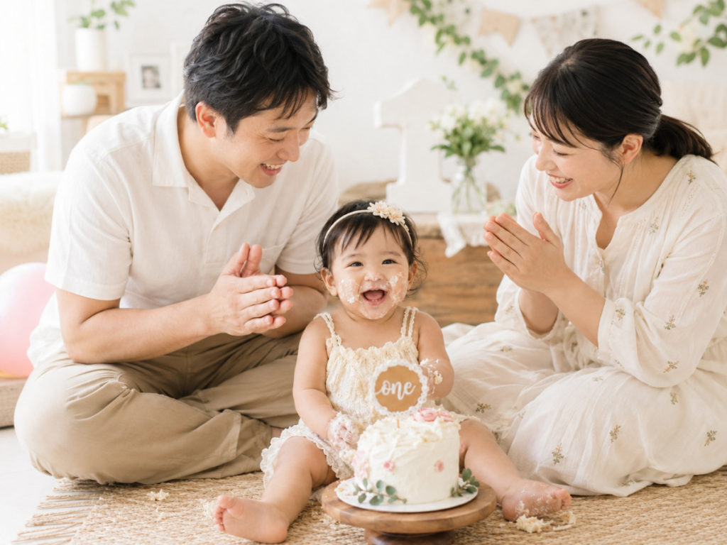 スマッシュケーキを囲んで1歳の誕生日を祝う家族