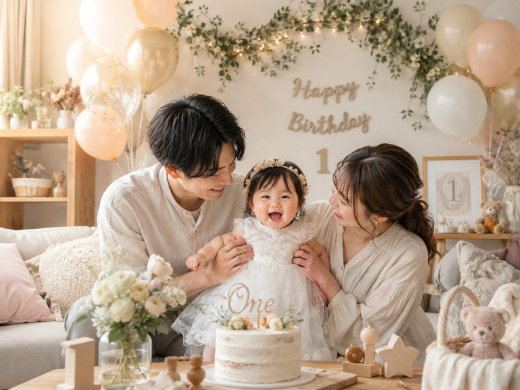 1歳の誕生日を迎える赤ちゃんと飾り付けをしたリビング