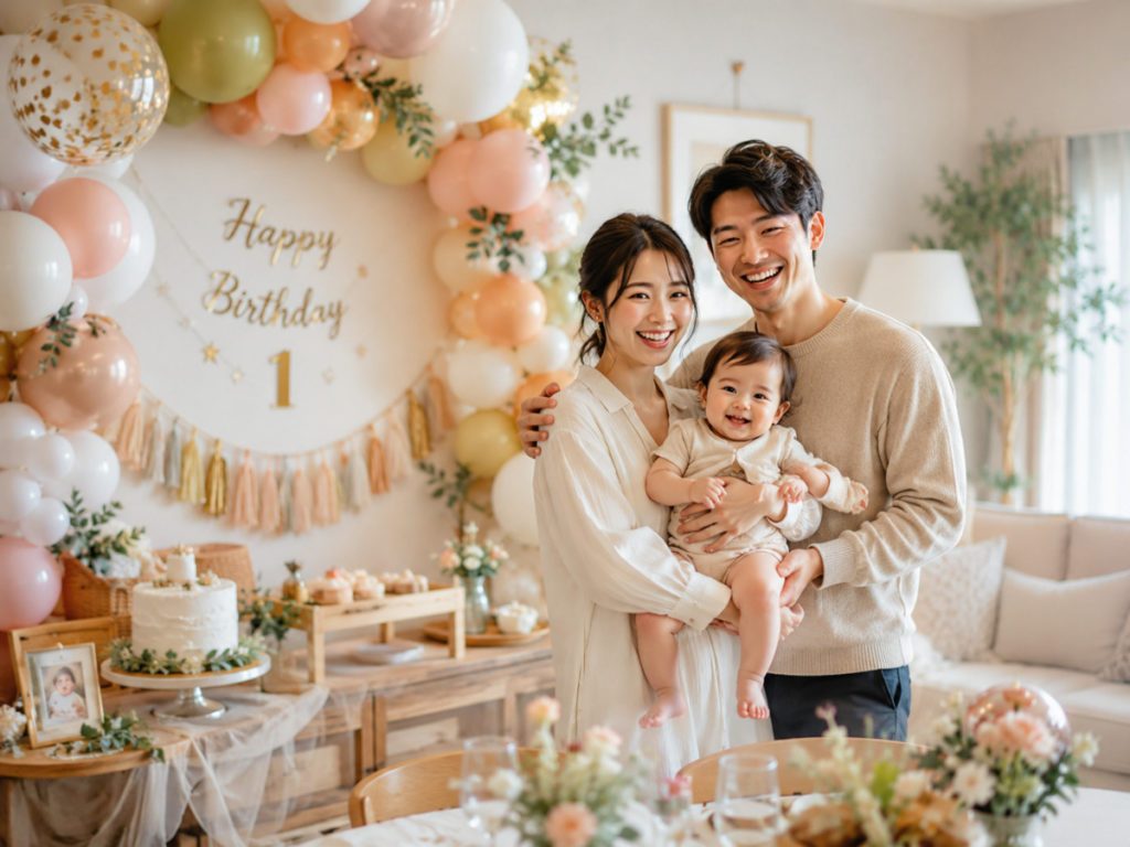 1歳の誕生日を家族でお祝いする様子