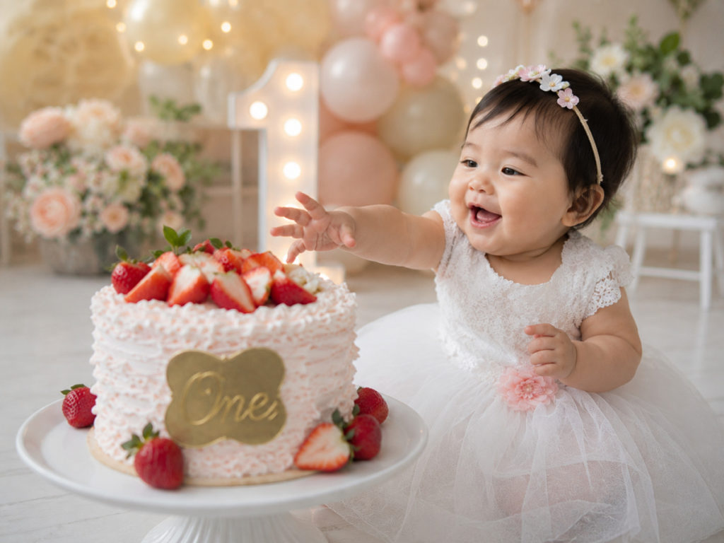 スマッシュケーキを手づかみで食べる1歳の赤ちゃん