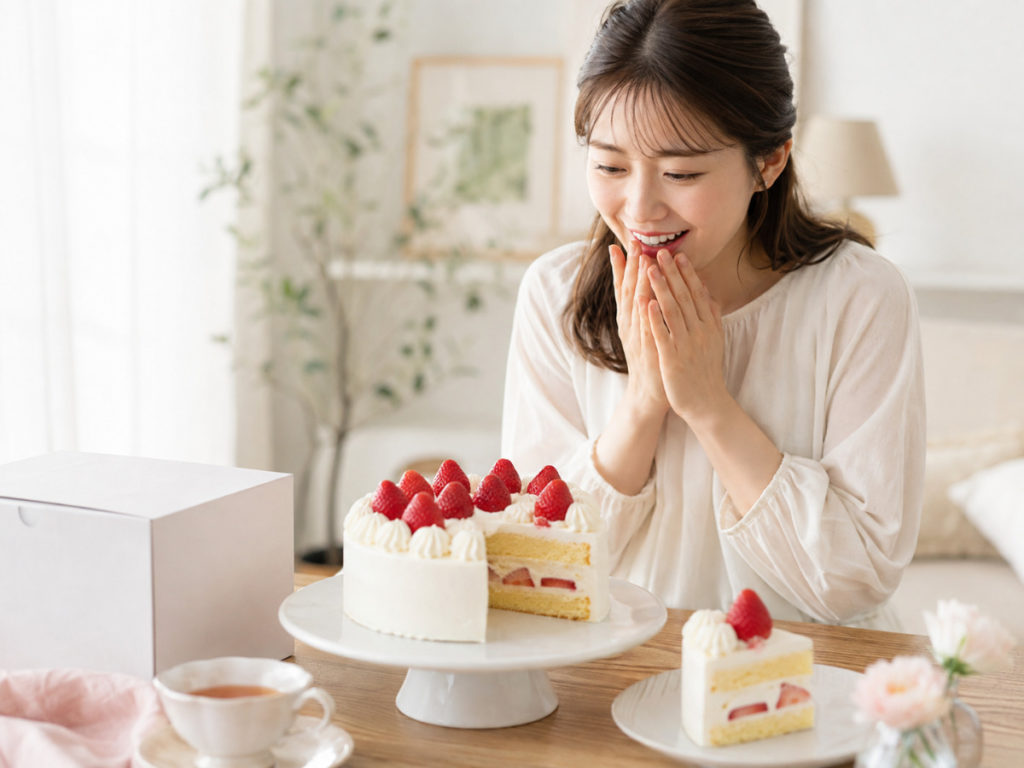 冷凍ケーキを家庭のダイニングテーブルに置いた様子