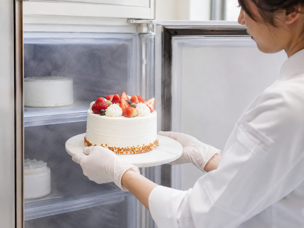 冷凍ケーキを冷蔵庫に移して解凍する様子