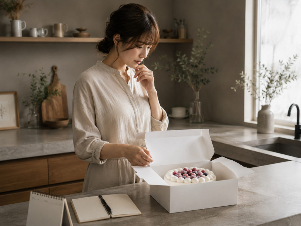 ケーキを見つめる女性
