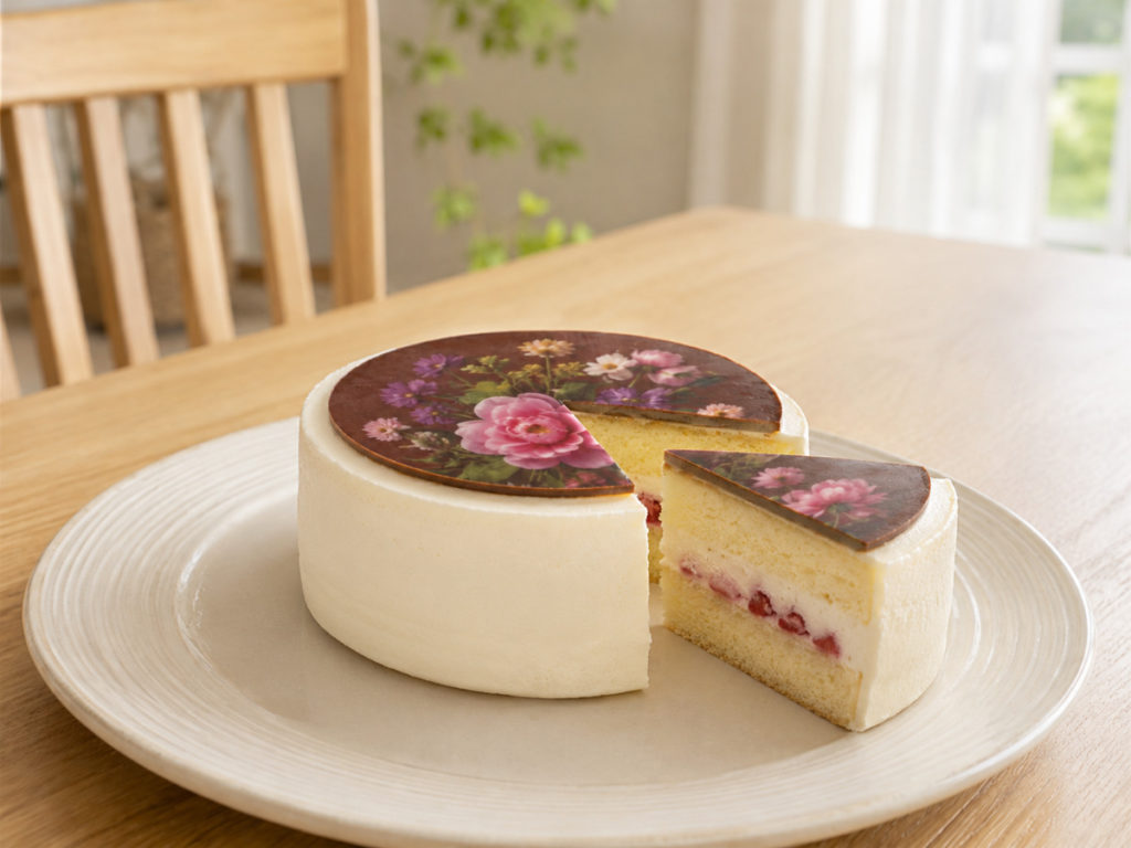 チョコプレートの花が印字されているケーキ