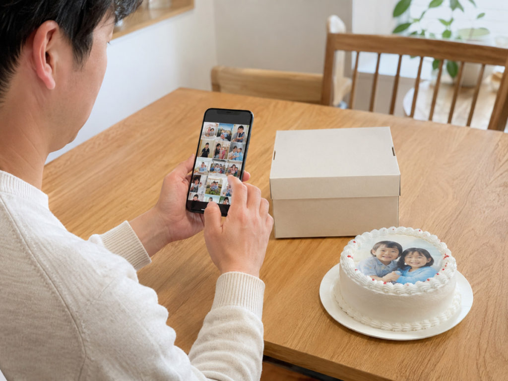 ケーキにプリントする写真を父親が選んでいる
