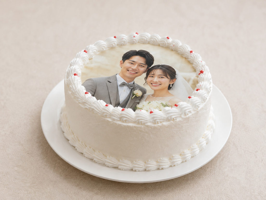 結婚式の写真をプリントしたケーキ