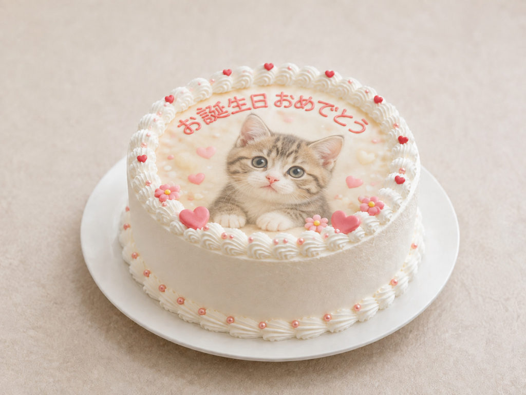ペットの猫がプリントされた写真ケーキ
