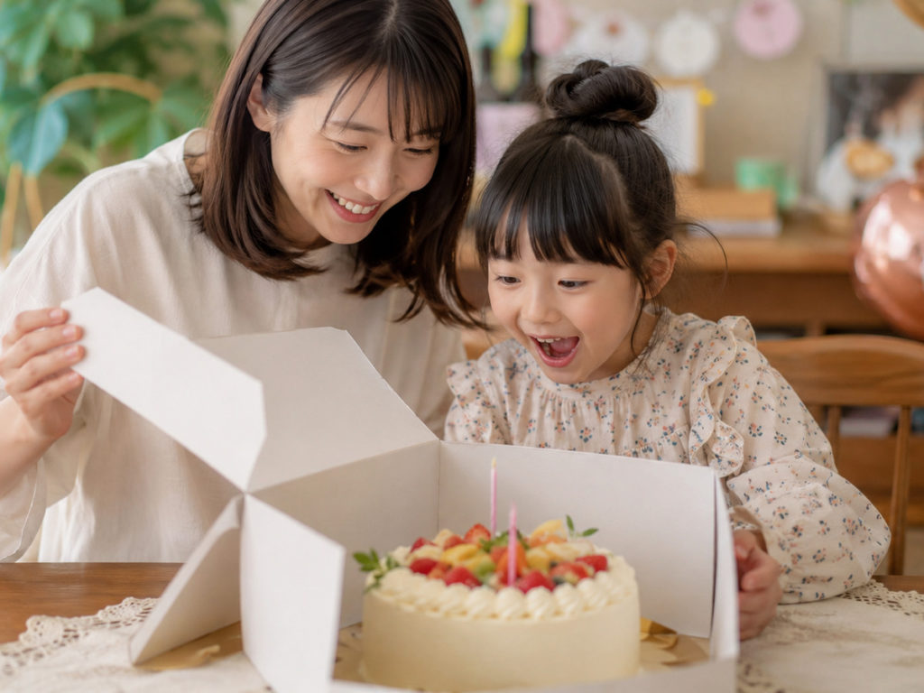 親子が冷凍ケーキの到着を喜ぶ